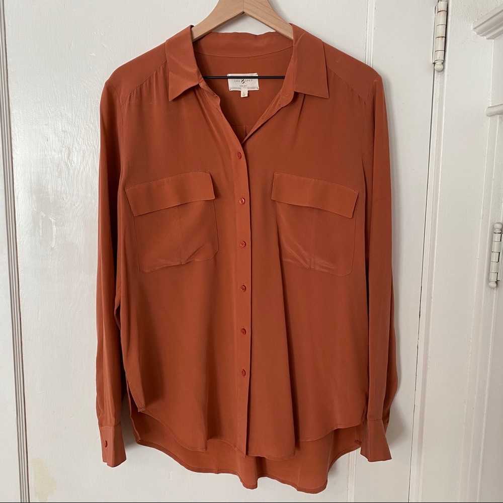 Lou and Grey Clay Pink Silk Button Down Shirt size large